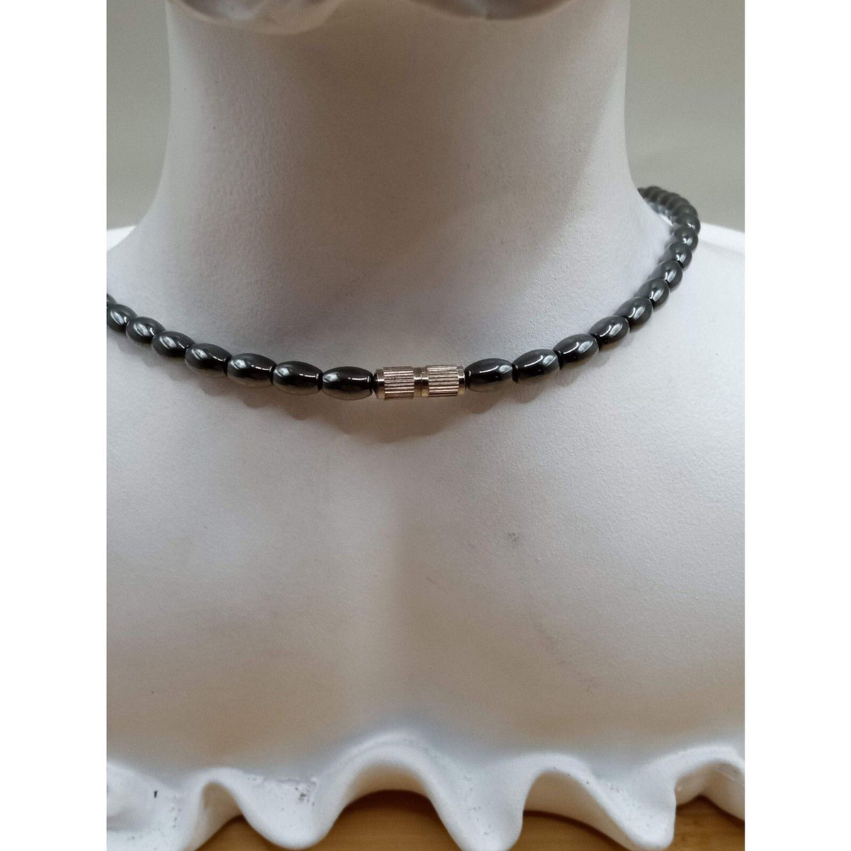 Vintage Geometric Hematite Natural Beaded Necklace Oval Barrel Star