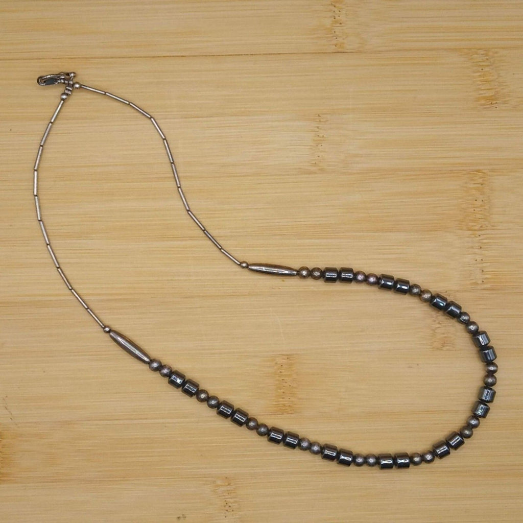 Vintage Natural Hematite & Glass Beaded Industrial Style Necklace