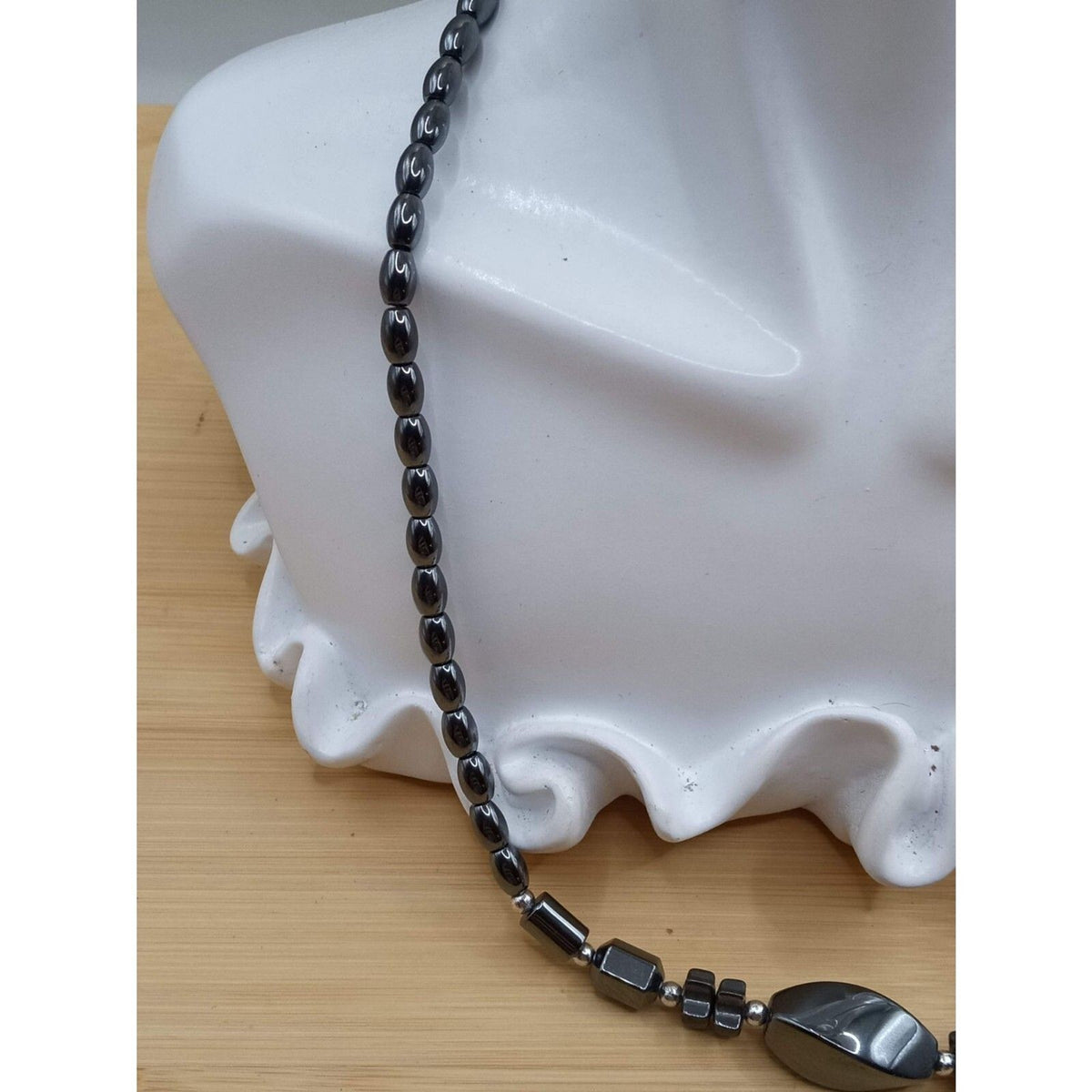 Vintage Geometric Hematite Natural Beaded Necklace Oval Barrel Star
