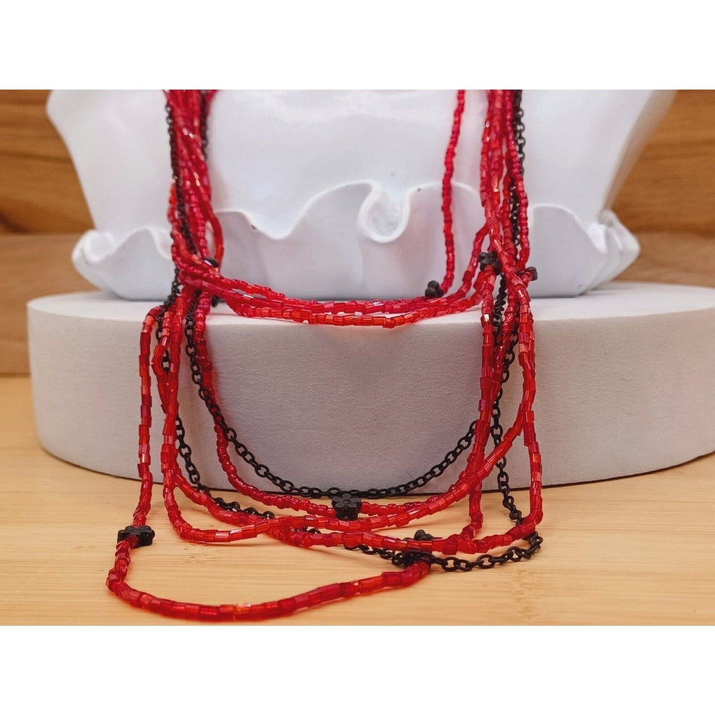 Multi Strand Layered Red Beads Bronze Color Flower Necklace