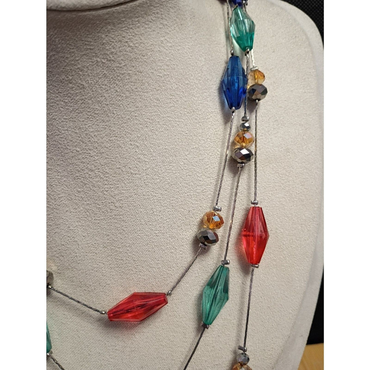 Vintage Holiday Colored Light Faceted Bead Triple Strand Chain Necklace