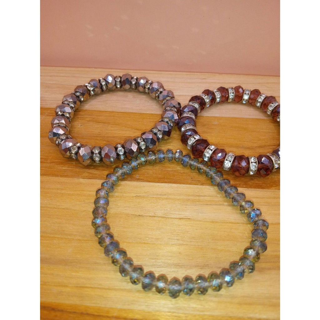 Vintage 3-Piece Stackable Crystal Beaded Bracelet Set - Red, Blue & Silver