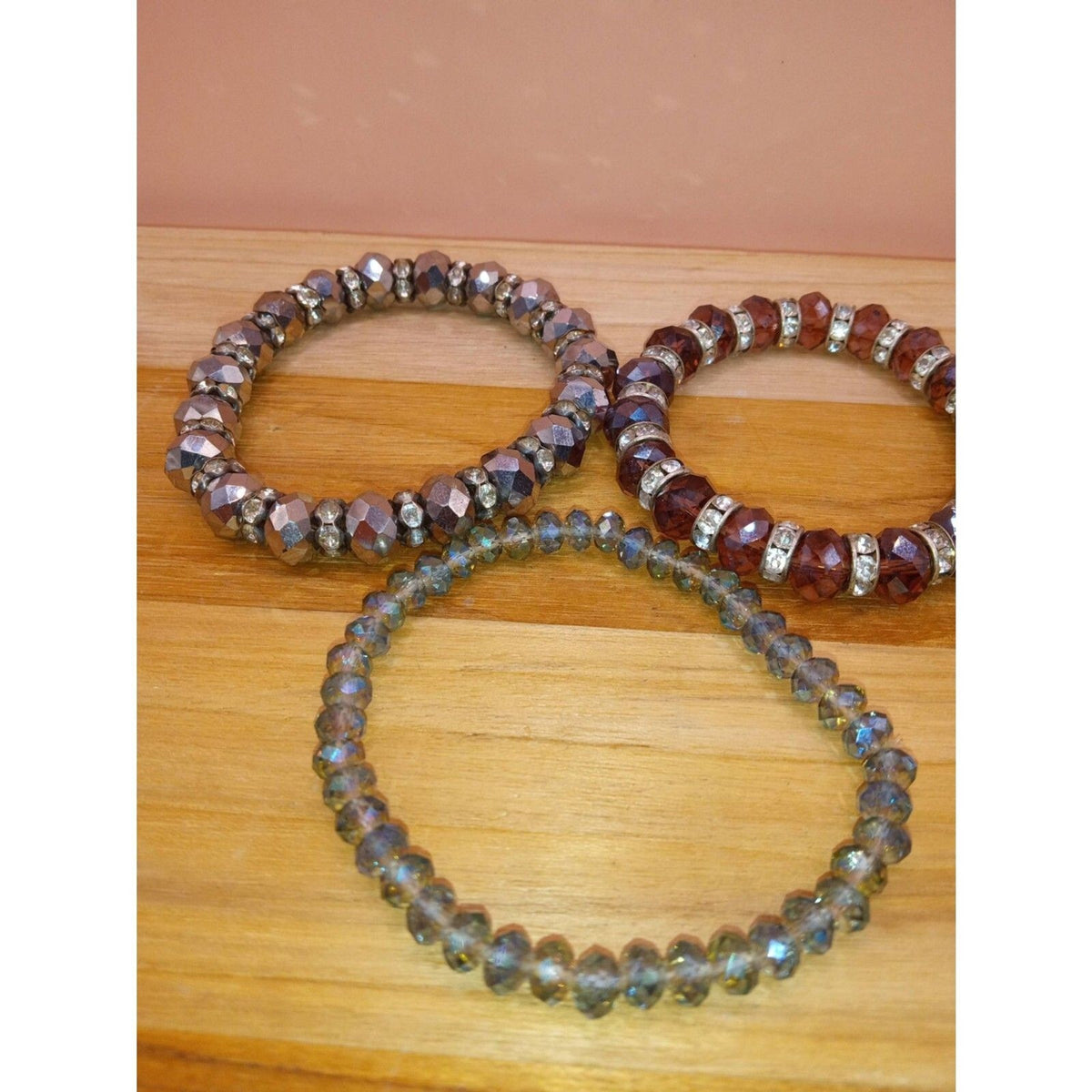 Vintage 3-Piece Stackable Crystal Beaded Bracelet Set - Red, Blue & Silver