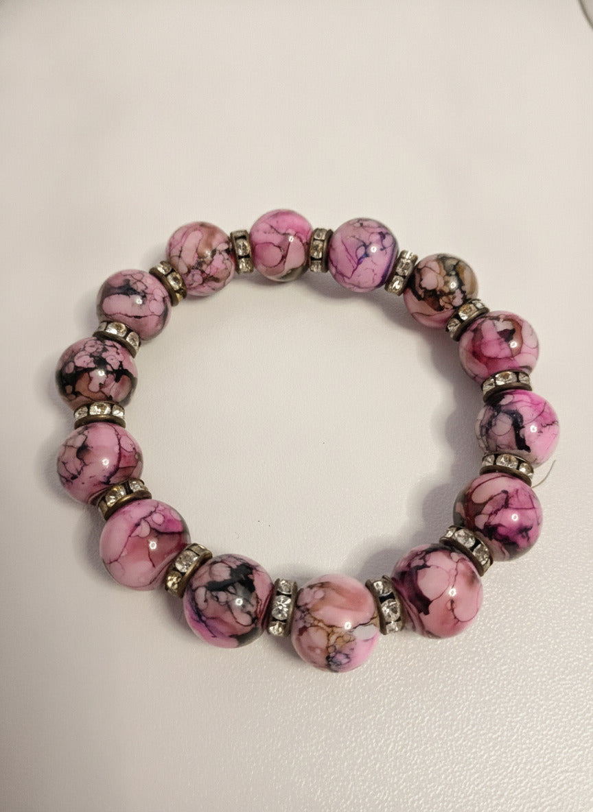 Vintage Beauty Pink, Black and Blue Swirled Beaded Stretch Bracelet