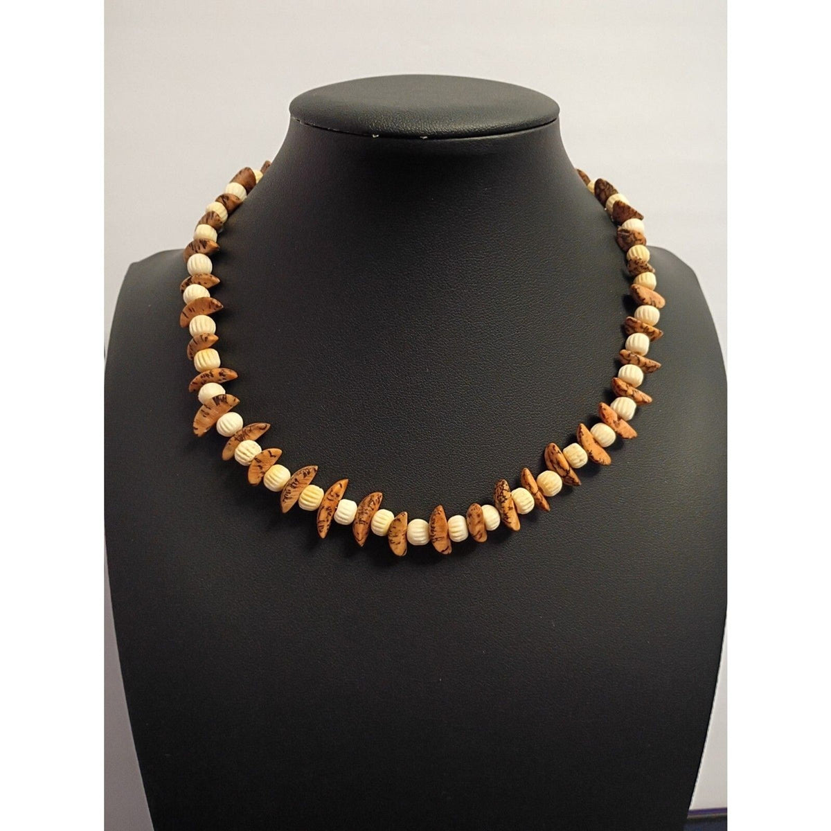 Handcrafted Beaded Collar Necklace Cream and Brown Beads