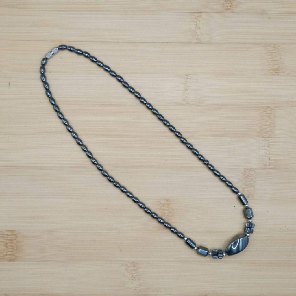 Vintage Geometric Hematite Natural Beaded Necklace Oval Barrel Star