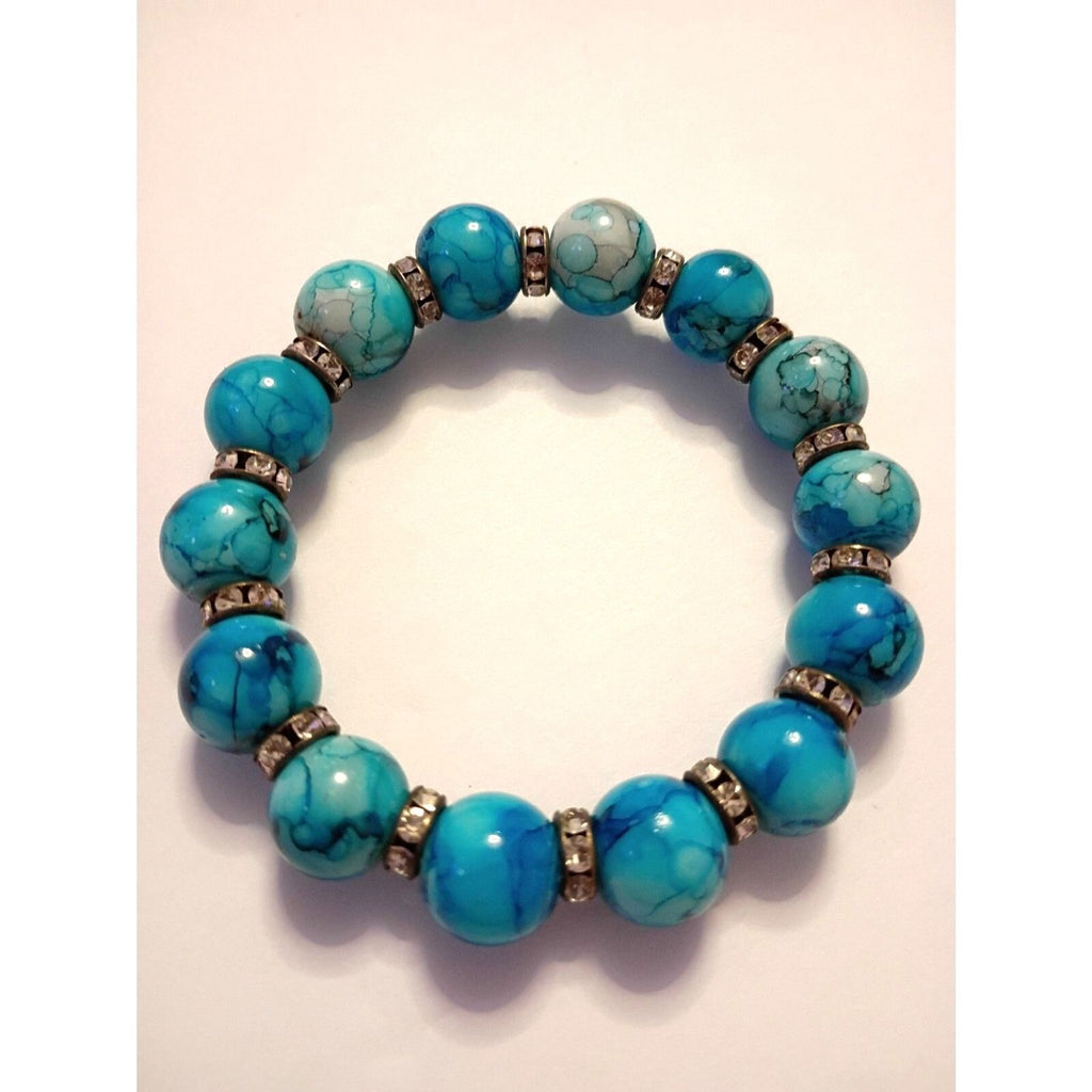 Turquoise Blue Glass Beaded Bracelet with Rhinestone Rondel Spacers Ocean Vibe