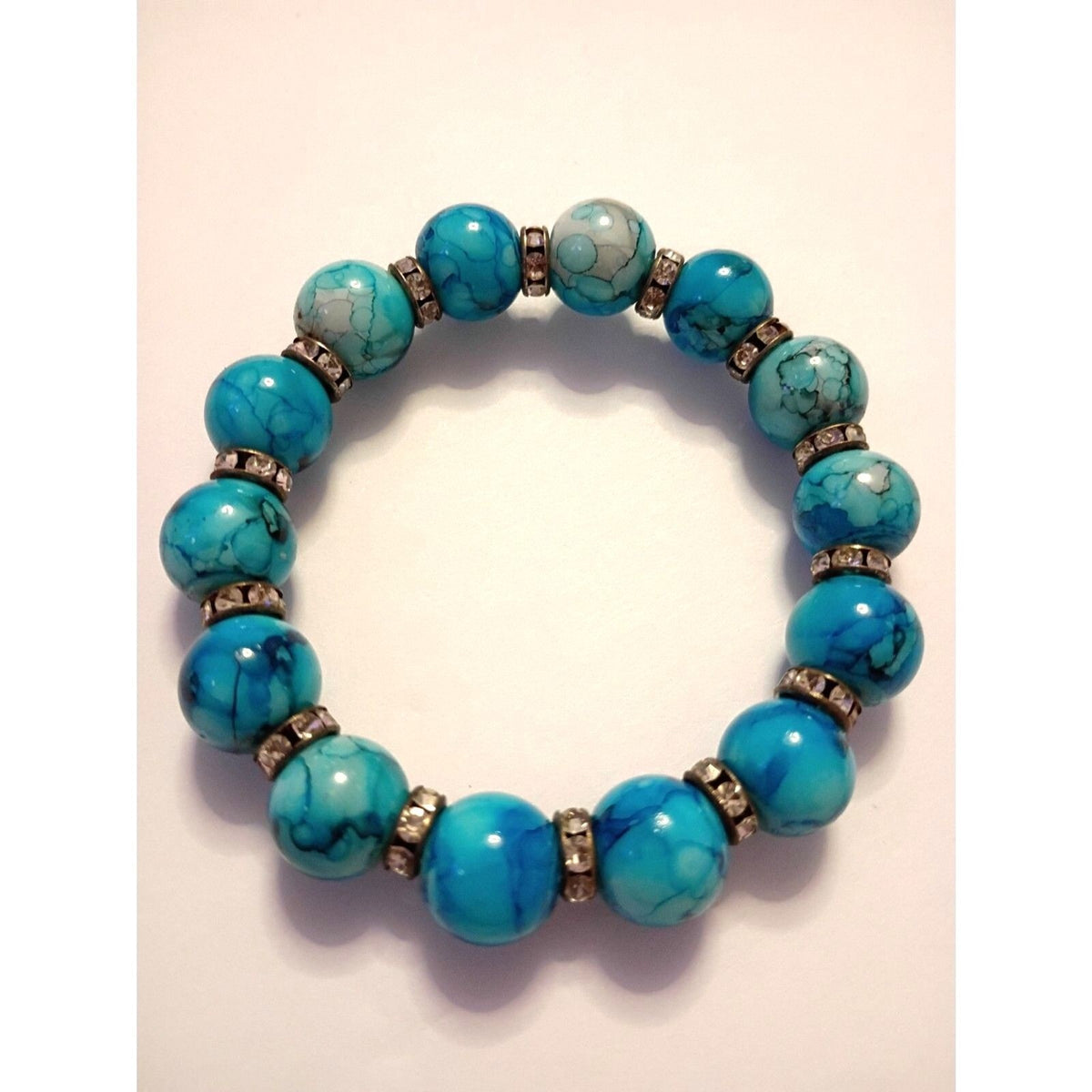 Turquoise Blue Glass Beaded Bracelet with Rhinestone Rondel Spacers Ocean Vibe