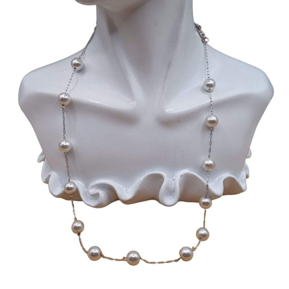 90s Women Rmn Designer Silver Tone White Faux Pearl Necklace