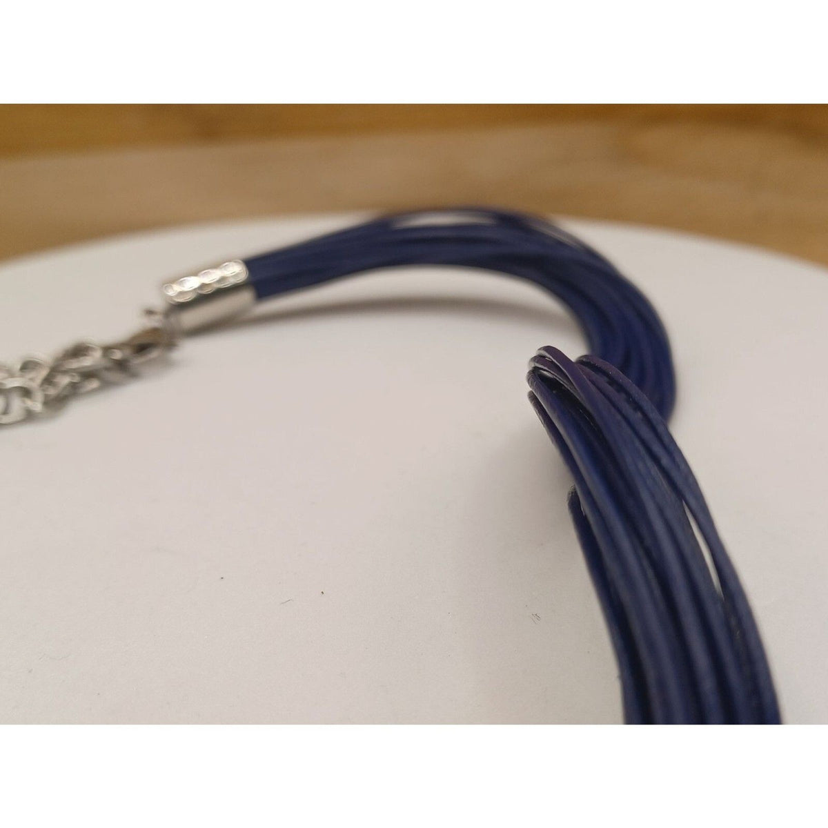 Vintage Blue Cord and Silver Tone Curved Tube Chunky Necklace