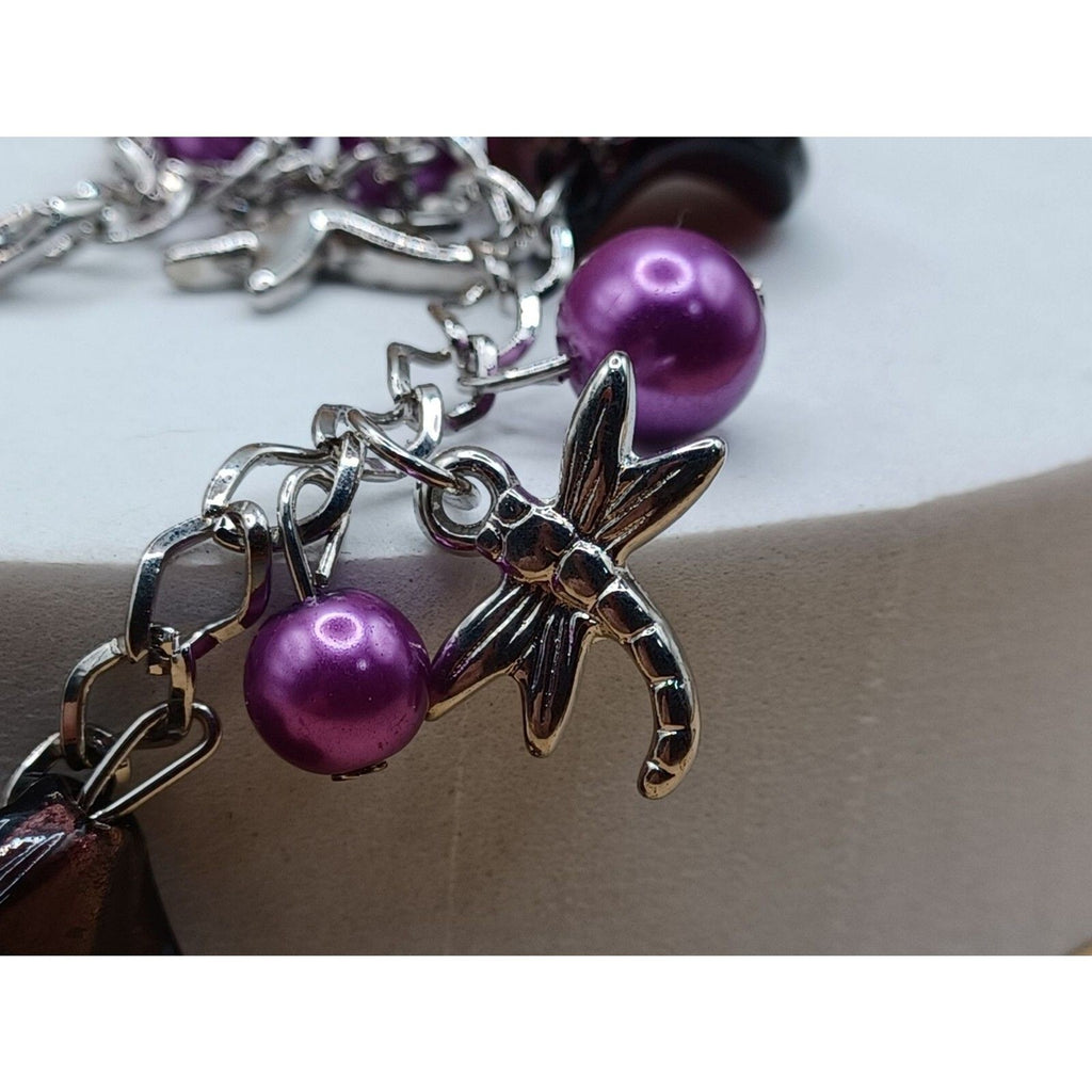 Vintage Purple Twist Beads Dragonfly Fairy Charm Bracelet