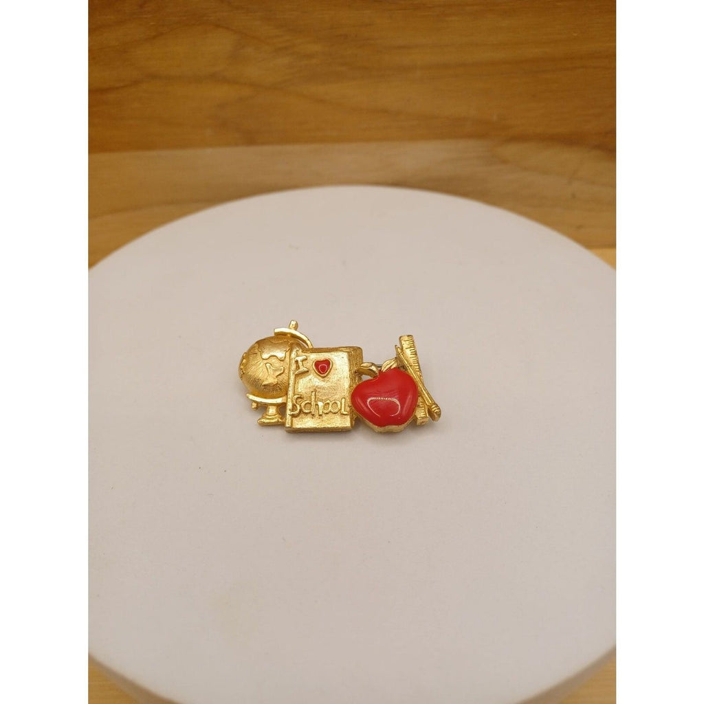 Vintage Teachers Gift Globe, Book, Enamel Apple Brooch