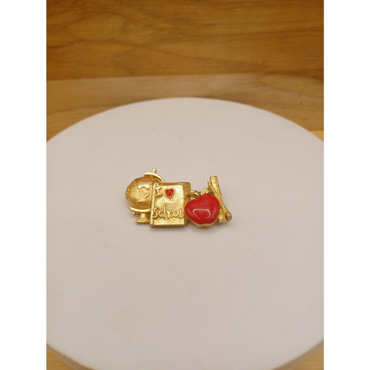 Vintage Teachers Gift Globe, Book, Enamel Apple Brooch