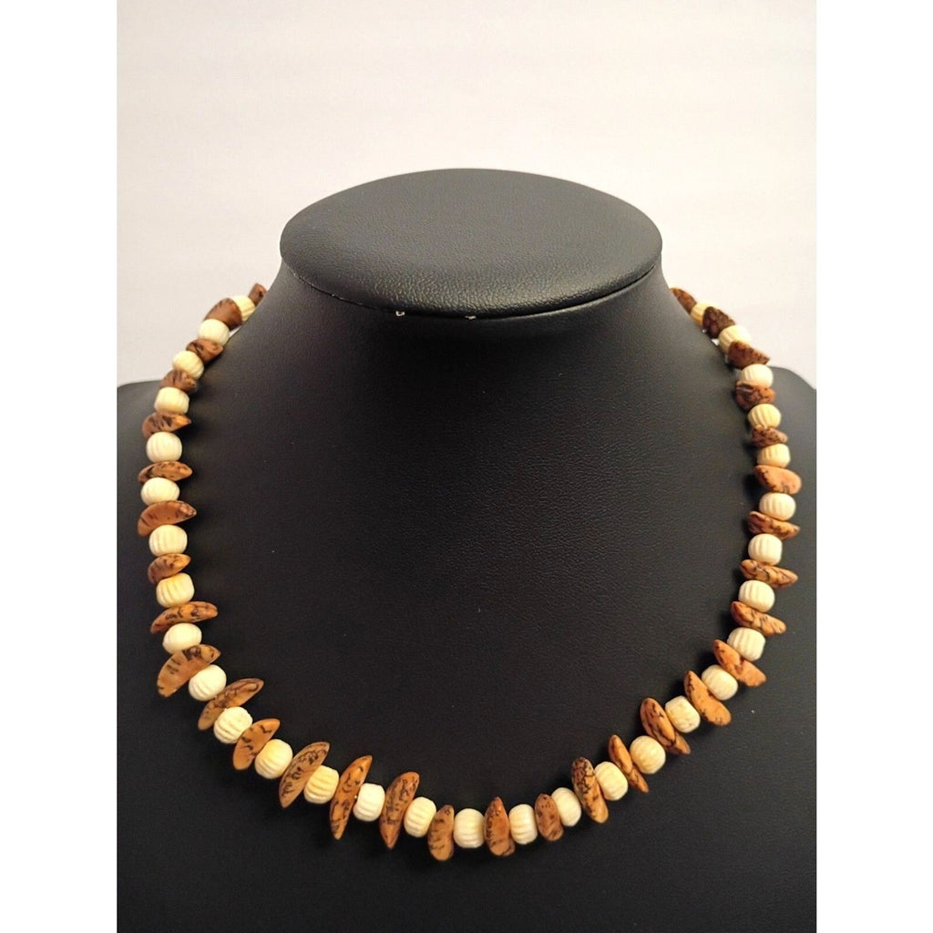 Handcrafted Beaded Collar Necklace Cream and Brown Beads