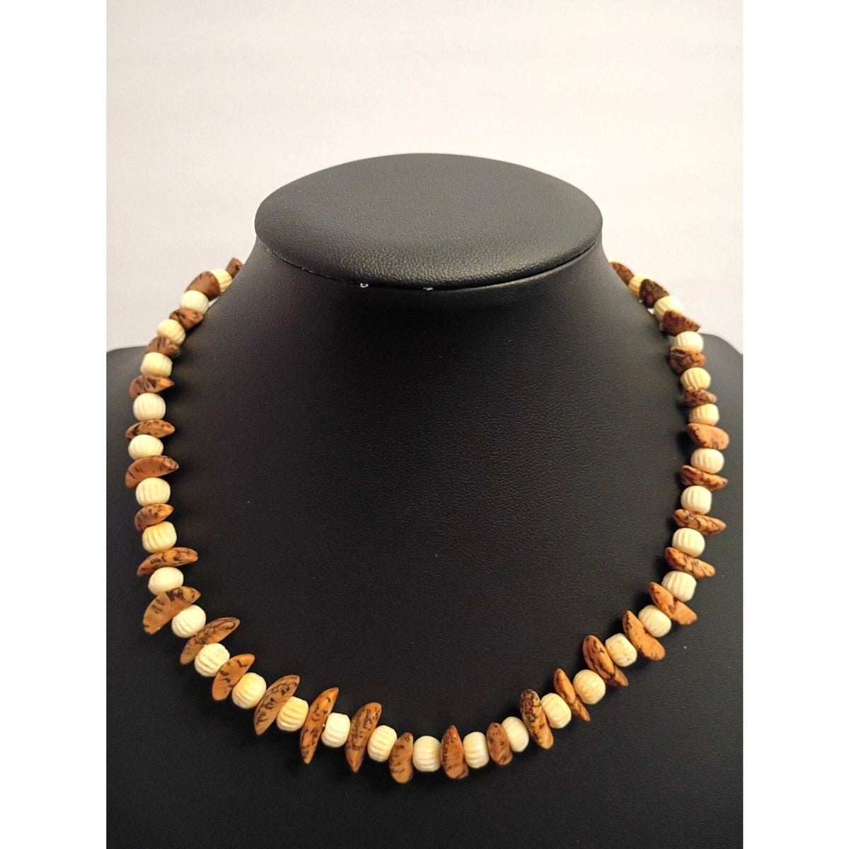 Handcrafted Beaded Collar Necklace Cream and Brown Beads