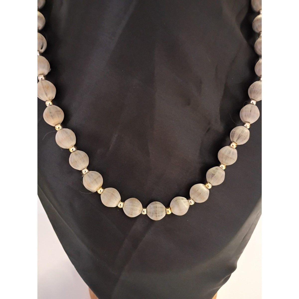 Matinee Necklace of Gray Satin Silk Thread Wrapped beads