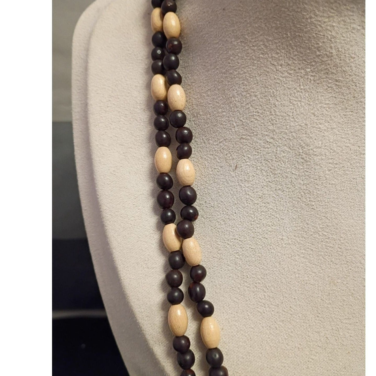 Vintage Wooden & Glass Seed Bead Strand Necklace 45 Inches