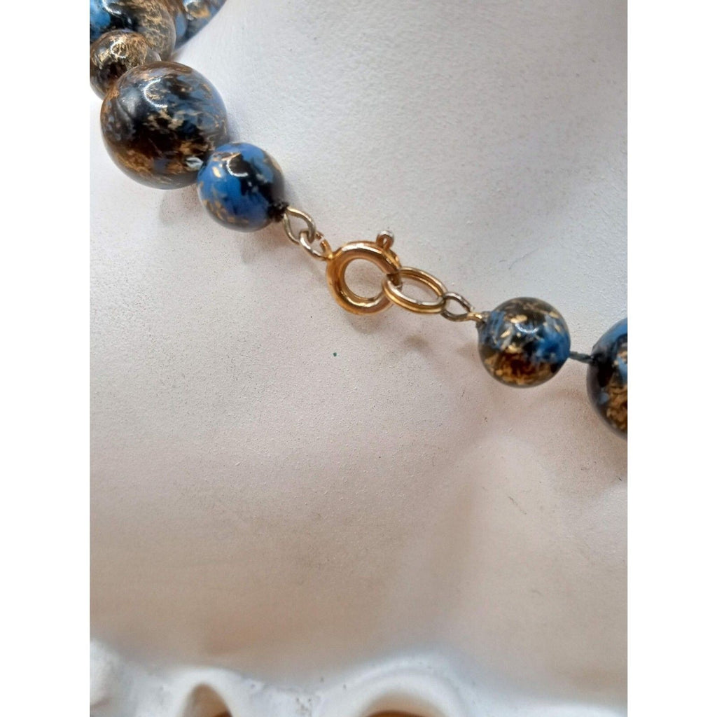 Vintage Blue & Gold Alternating Size Beaded Single Strand Acrylic Necklace
