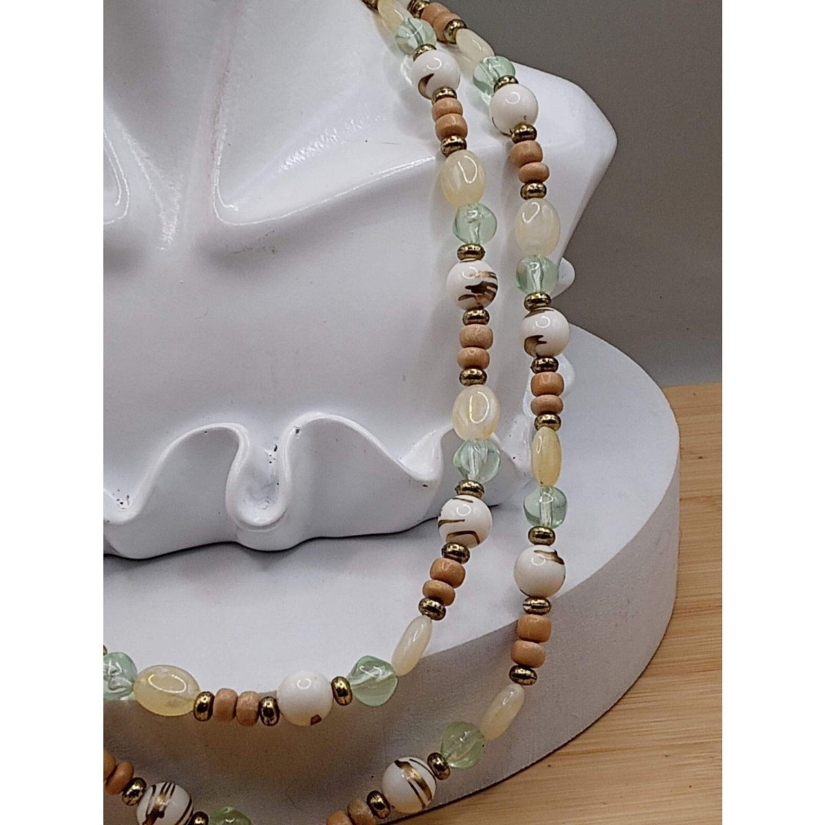 Vintage Muted Pastel Lucite & Wood Heishi Beaded Long Strand Necklace