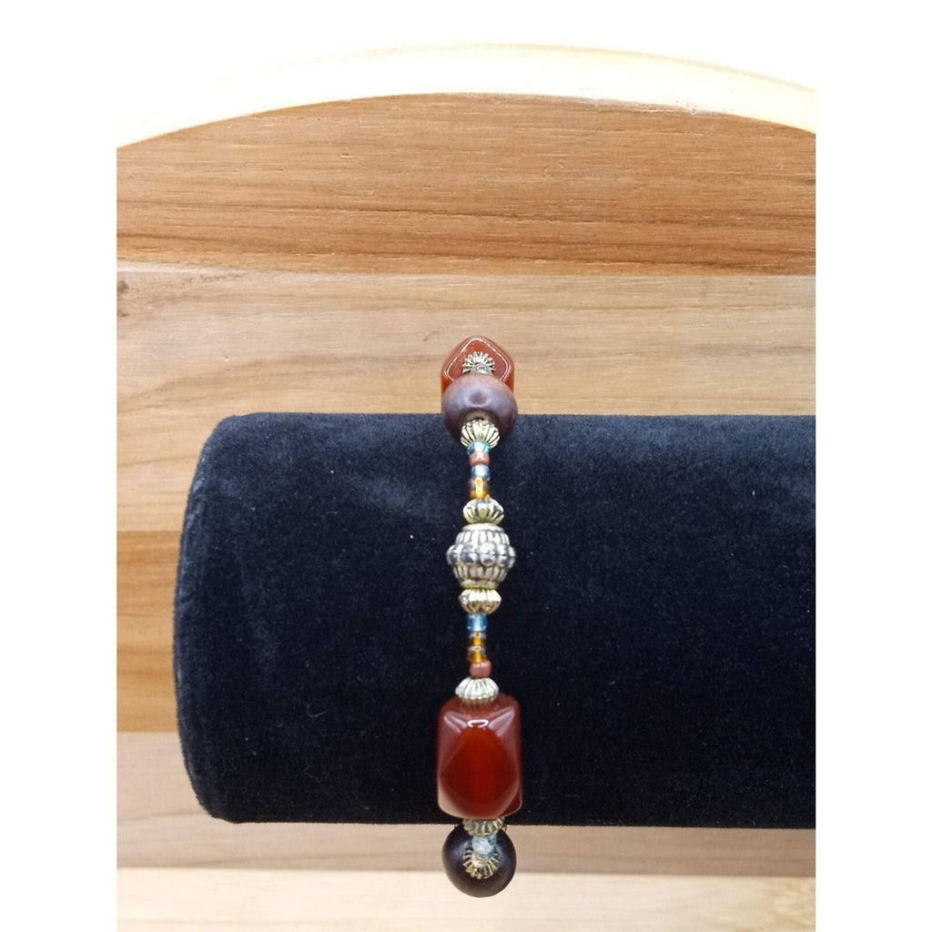 Vintage Asymmetrical Amber Lucite Beads w Round natural Wood Beads Bracelet