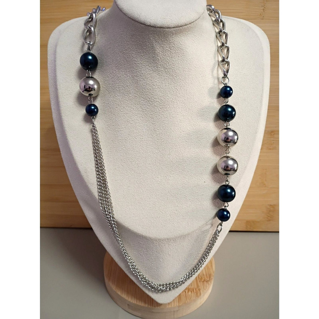 Vintage Rope Chain Necklace Deep Blue Turquoise & Silver Tone Beads