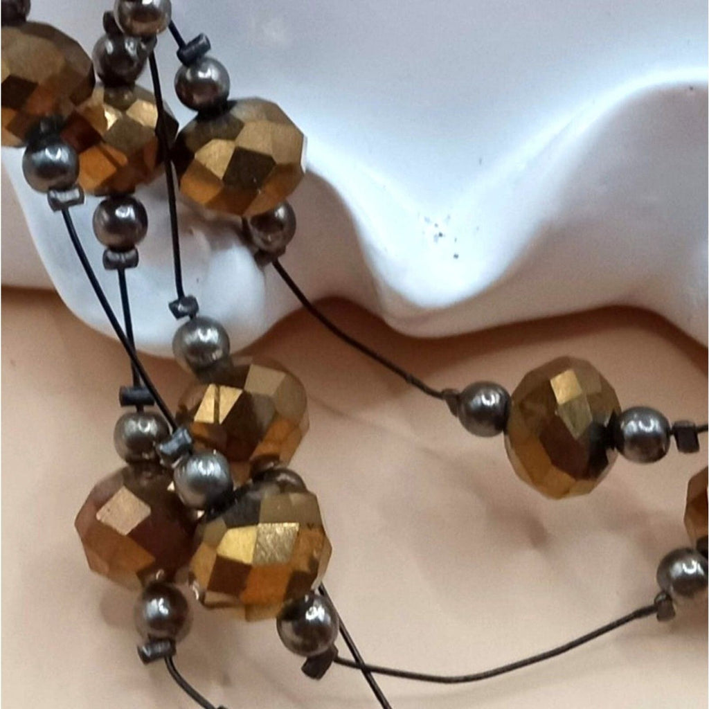 Vintage Hexagonal Cut Glass Beaded Quad Stranded Necklace in Bronze Tones
