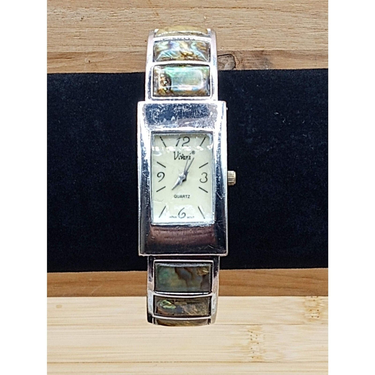 1980s Accutime K977 Vivani Abalone Inset Vintage Cuff Bracelet Watch