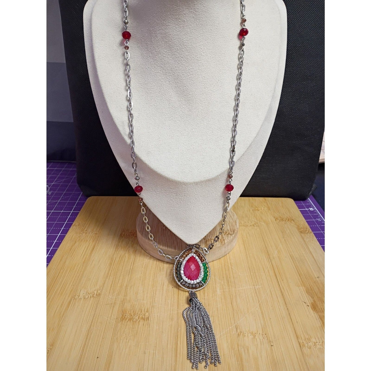 Vintage Red Teardrop Pendant Necklace Tassel Chain & Chakra Beads