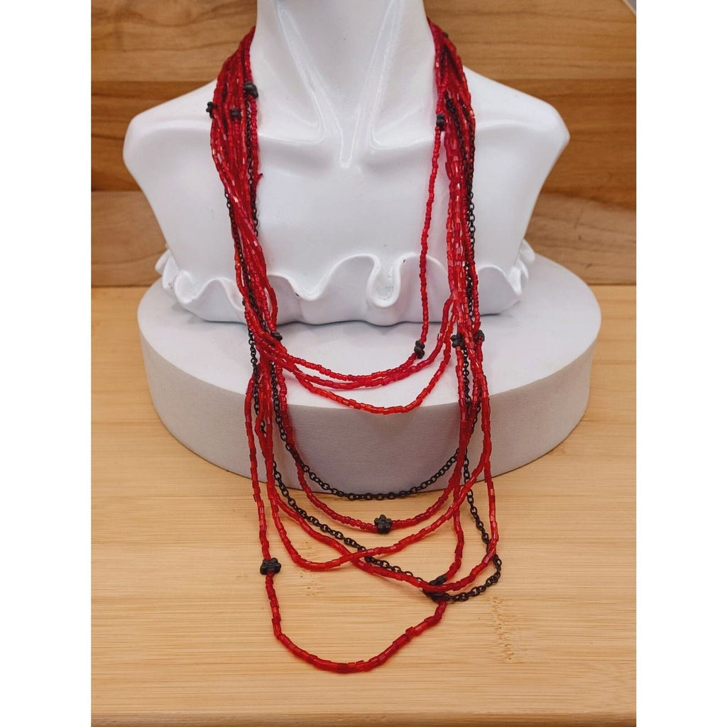 Multi Strand Layered Red Beads Bronze Color Flower Necklace