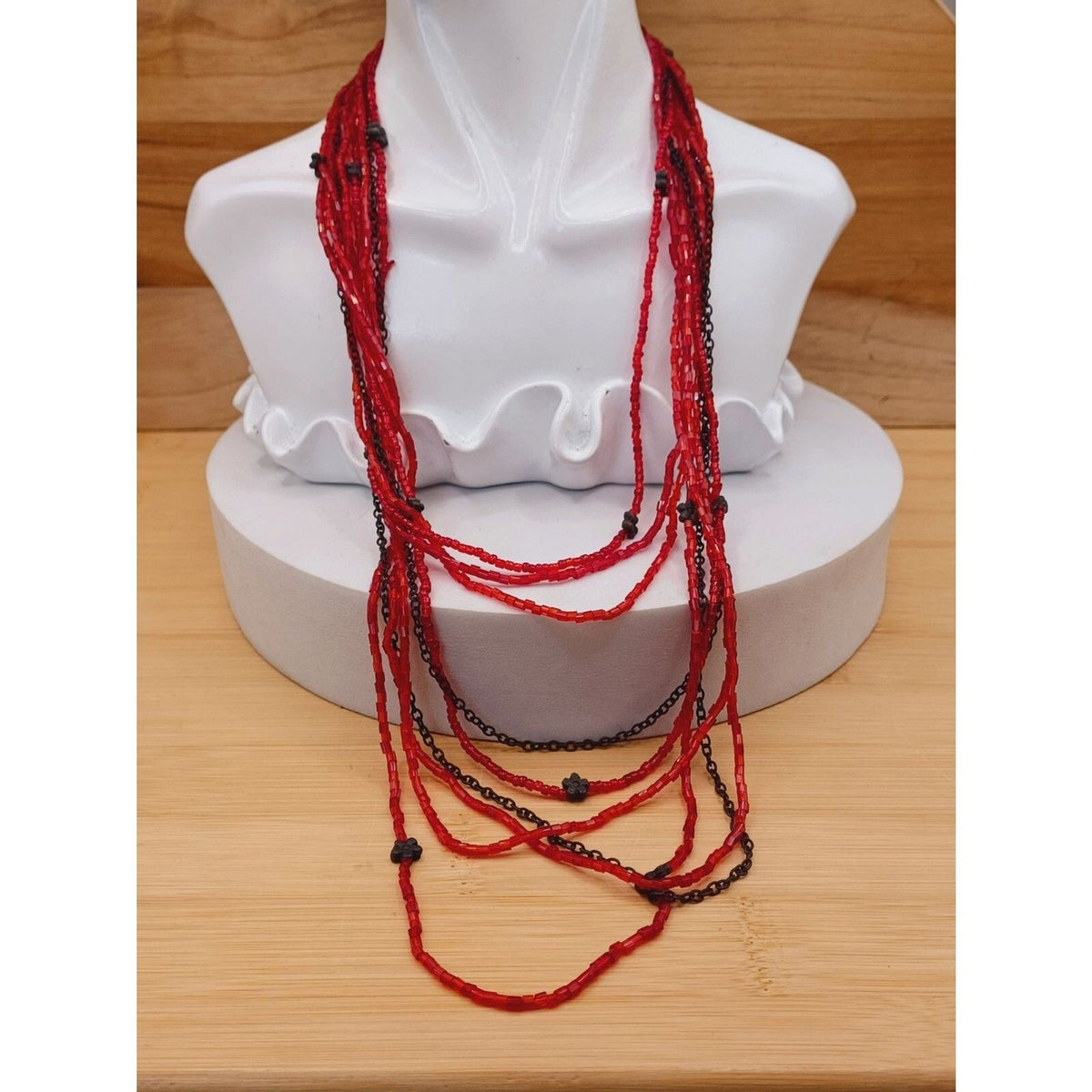 Multi Strand Layered Red Beads Bronze Color Flower Necklace