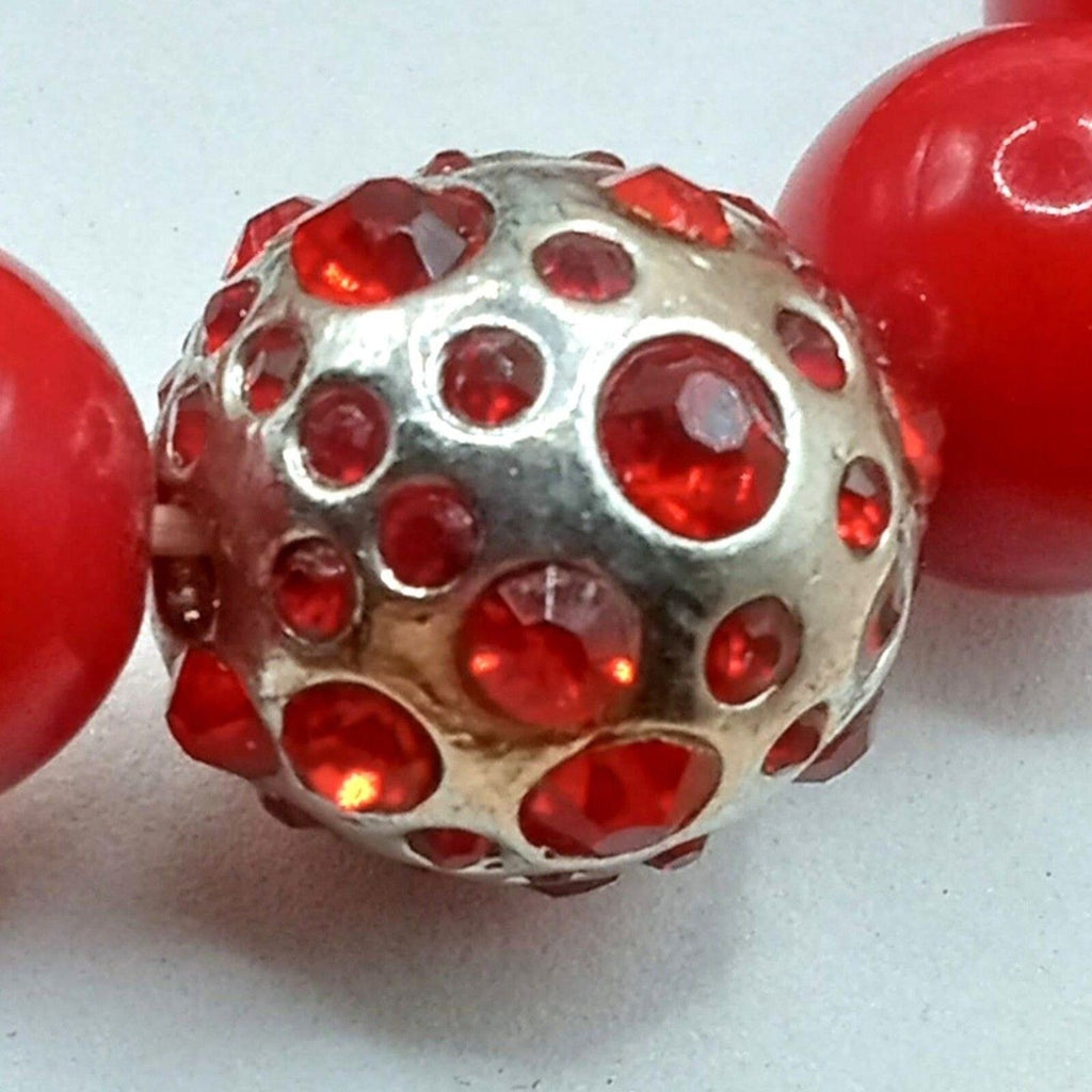 Vintage Red Beaded Bracelet with Rhinestone Silver-Tone Accent Bead