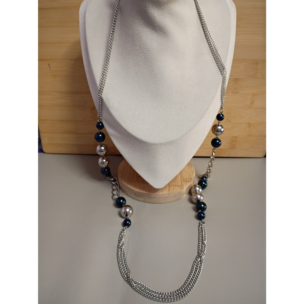 Vintage Rope Chain Necklace Deep Blue Turquoise & Silver Tone Beads