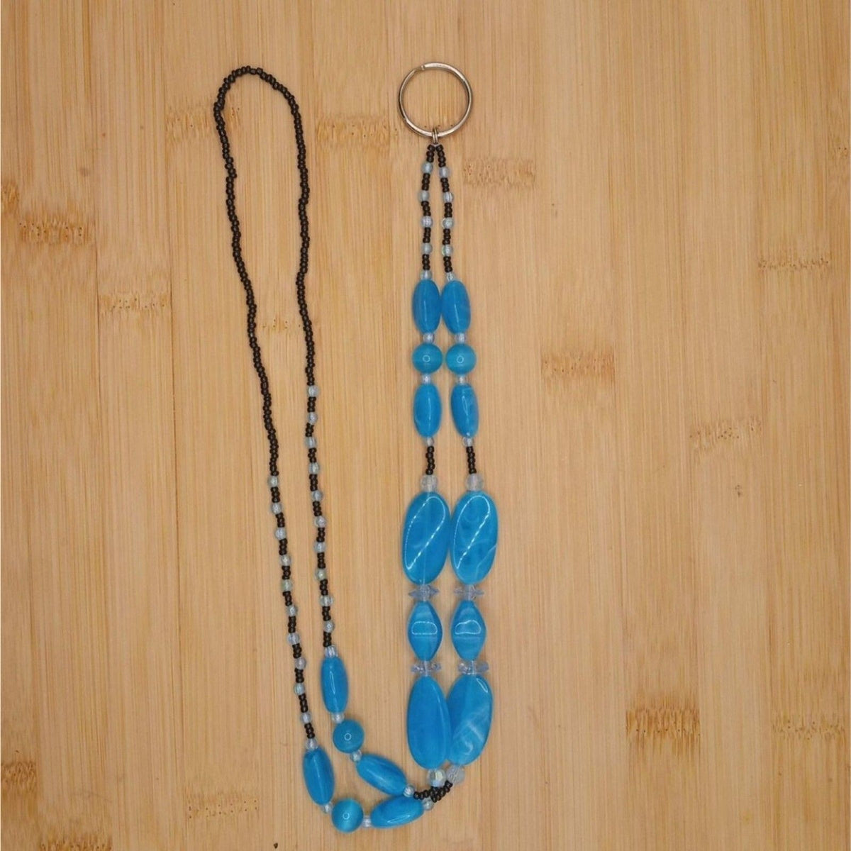 VTG Ice Blue Lucite Funky Beaded Lanyard Black Seed Beads
