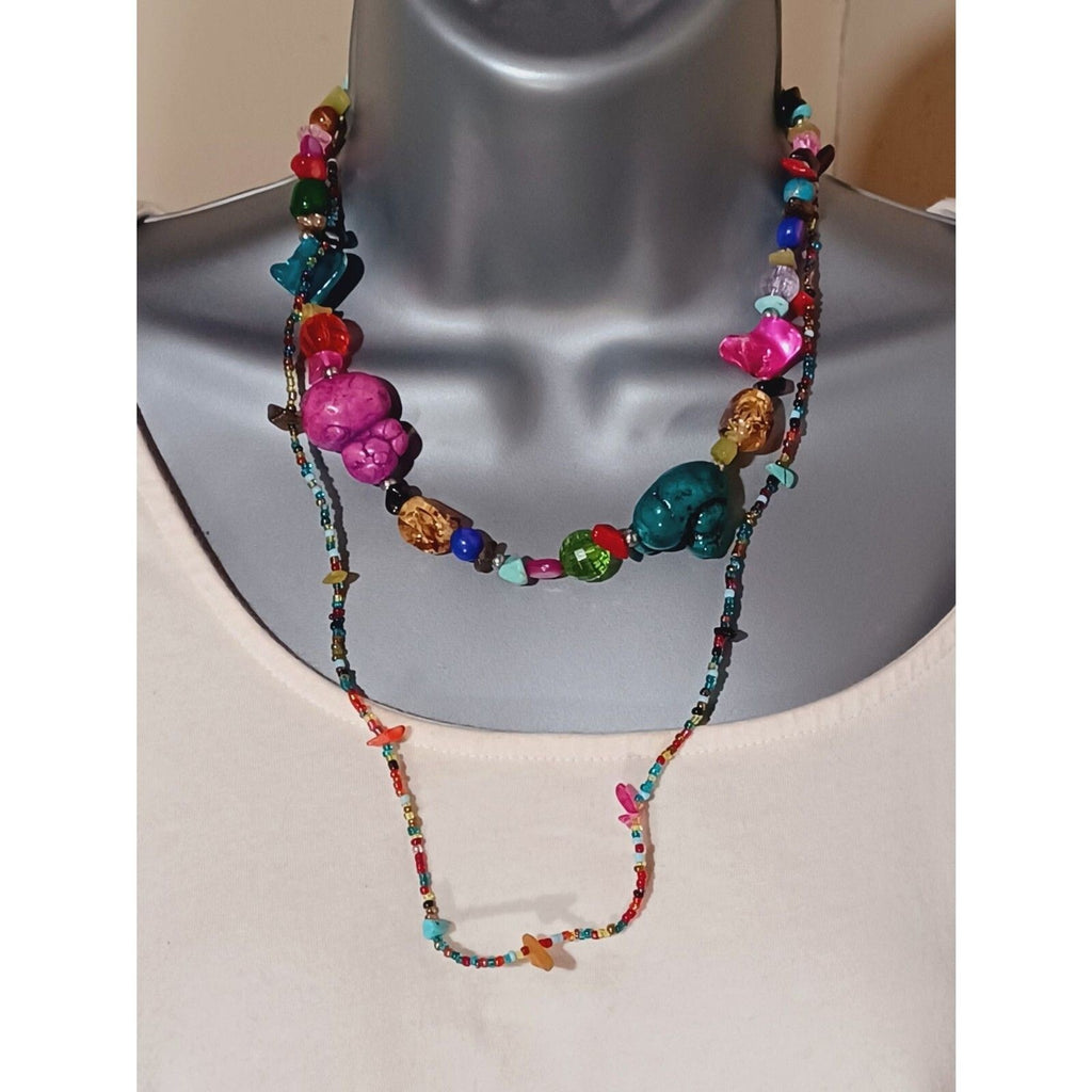 Stone Chip & Glass Bead Multi Color Double Strand Necklace
