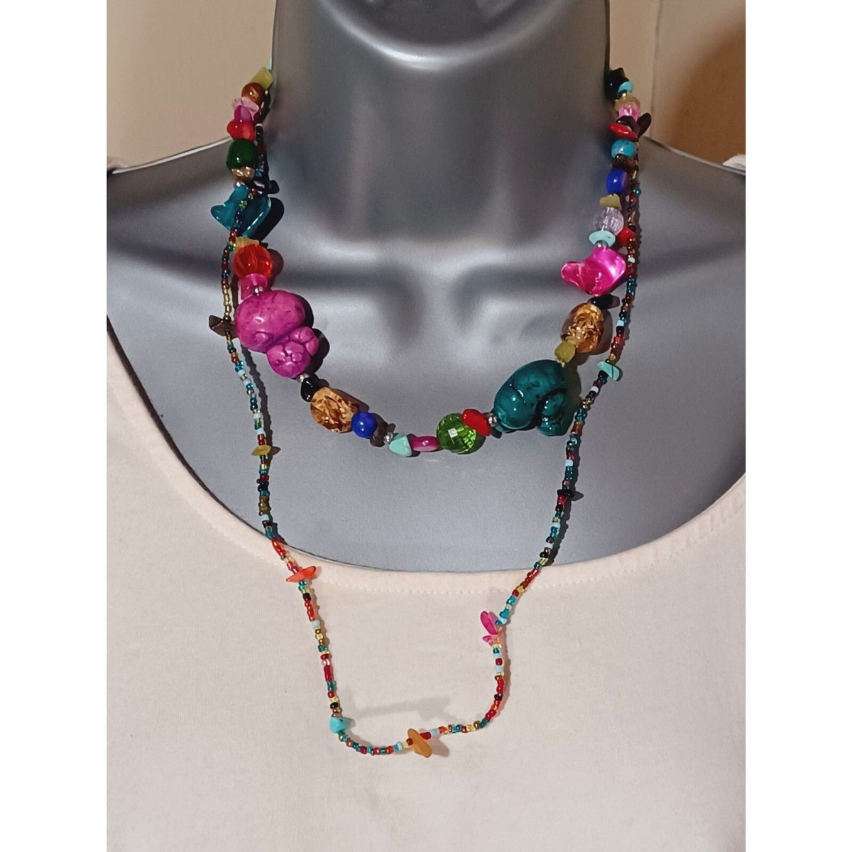 Stone Chip & Glass Bead Multi Color Double Strand Necklace
