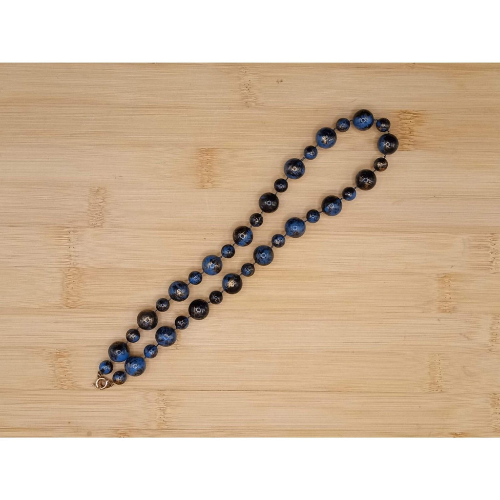 Vintage Blue & Gold Alternating Size Beaded Single Strand Acrylic Necklace