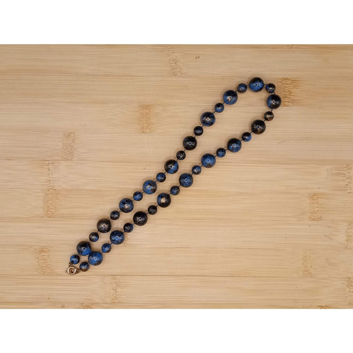 Vintage Blue & Gold Alternating Size Beaded Single Strand Acrylic Necklace