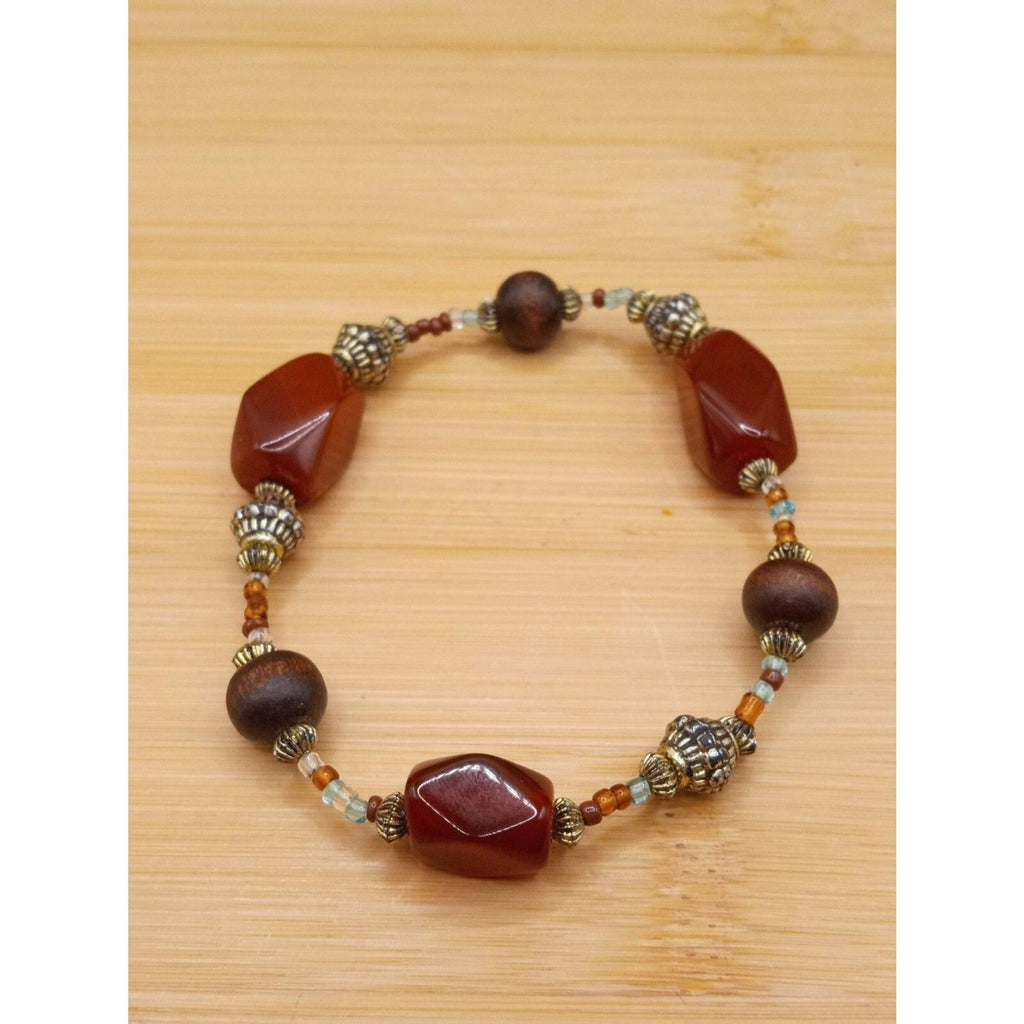 Vintage Asymmetrical Amber Lucite Beads w Round natural Wood Beads Bracelet