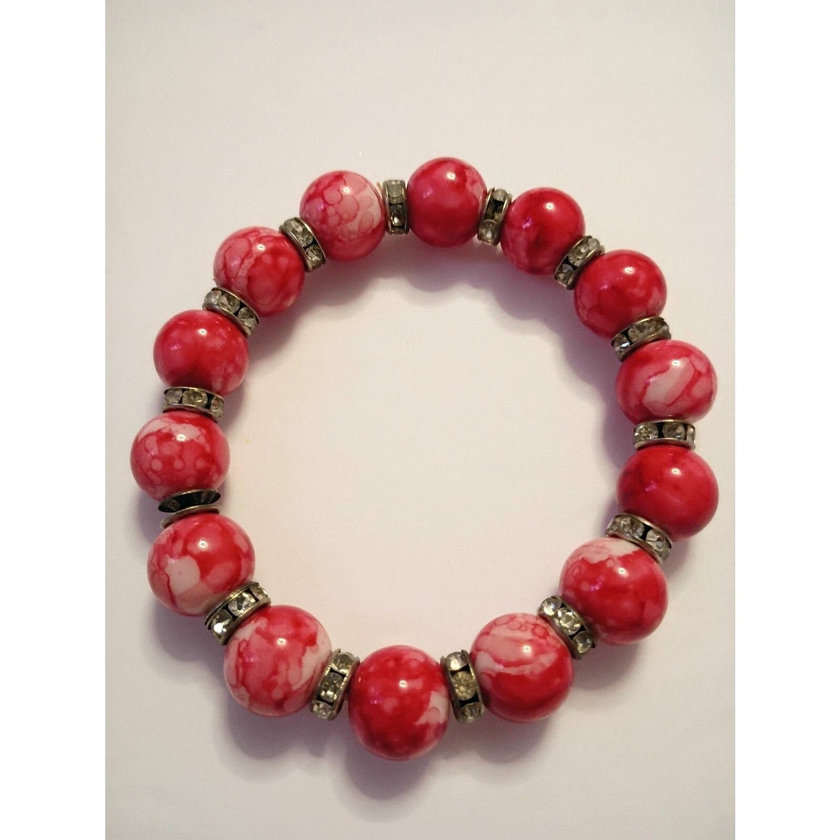 Beautiful Fire Red Glass Beaded Bracelet with Rhinestone Rondel Spacers Holidays