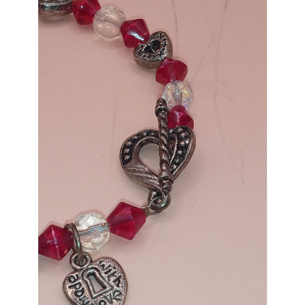 Antiqued Metal Heart & Red Bicone Crystal "Made with Love" Charm Bracelet