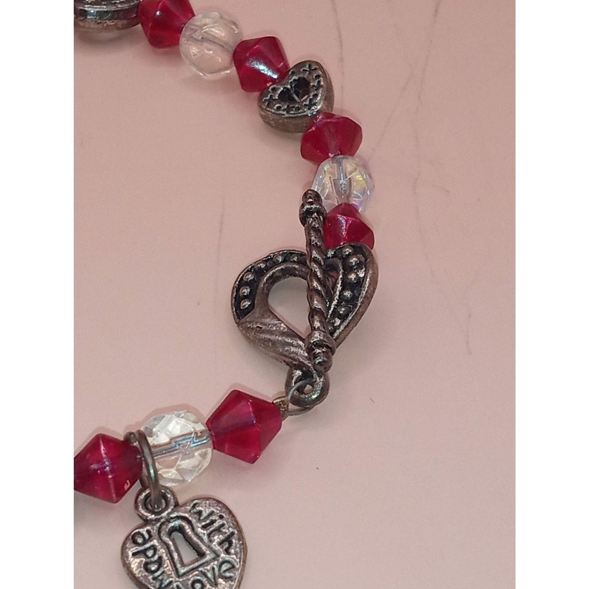 Antiqued Metal Heart & Red Bicone Crystal "Made with Love" Charm Bracelet