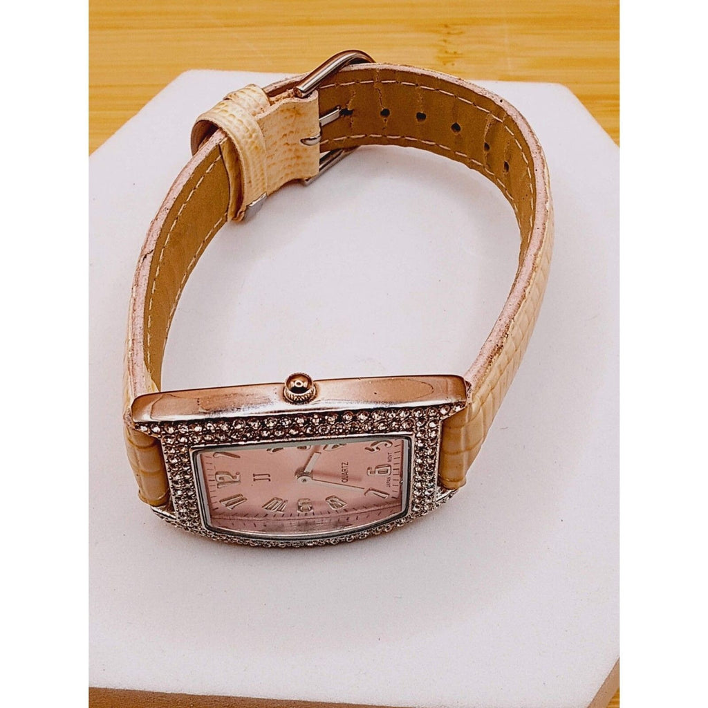 Women's JJ Square Rhinestone Quartz *Working* Watch w Pink Face and Cream Straps