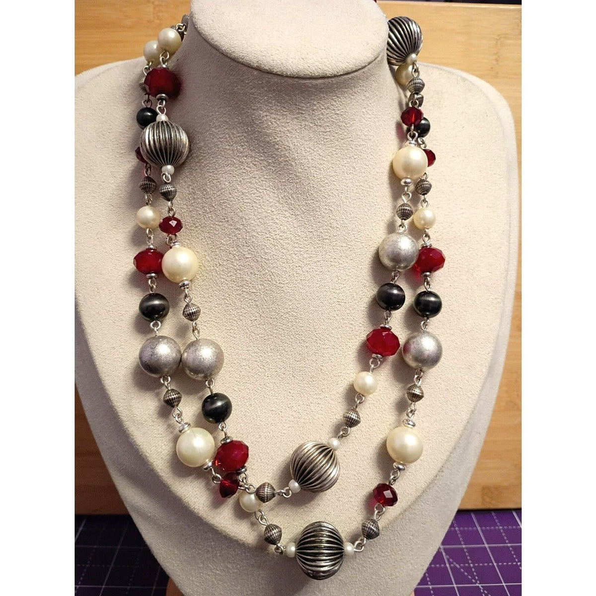 Vintage Premier Designs Red & Black Beaded Long Wrap Necklace 36 Inch