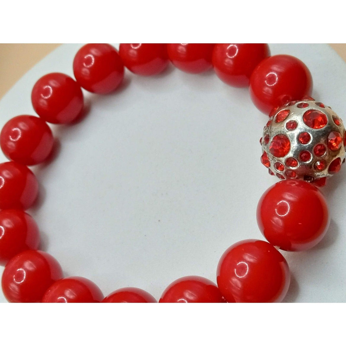 Vintage Red Beaded Bracelet with Rhinestone Silver-Tone Accent Bead