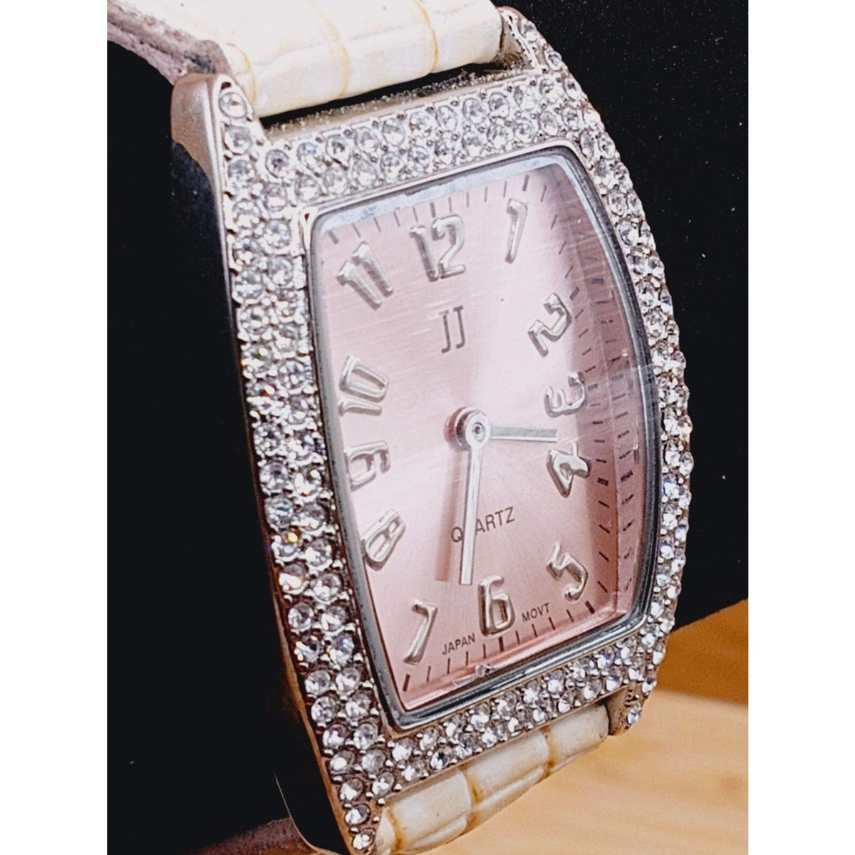 Women's JJ Square Rhinestone Quartz *Working* Watch w Pink Face and Cream Straps