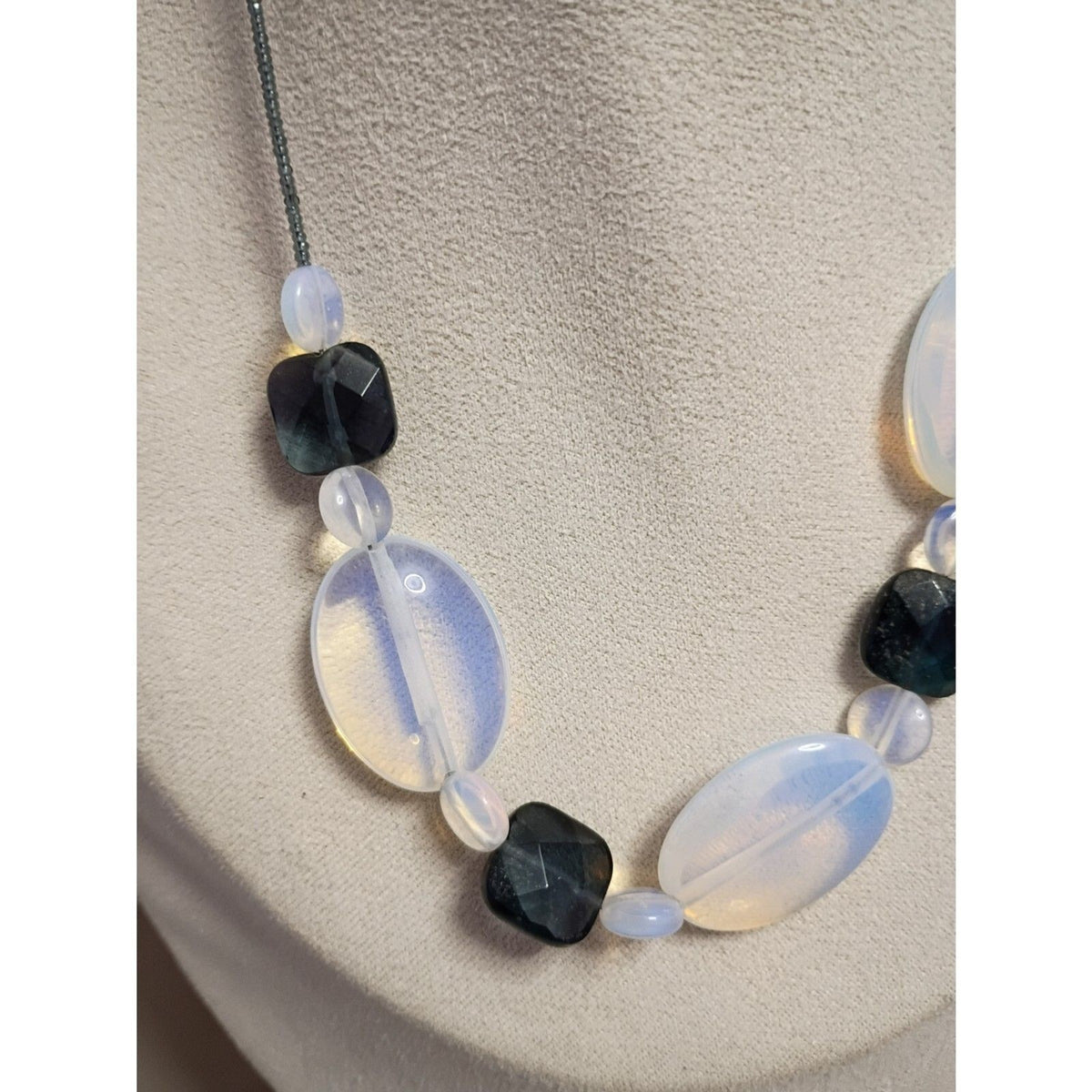 Vintage Blue Oval Glass Bead & Seed Beaded Cord Necklace