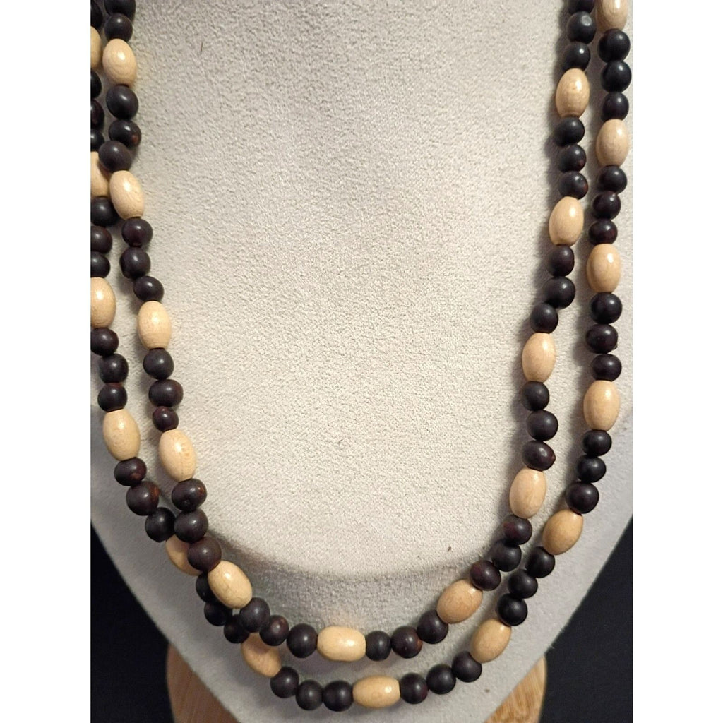 Vintage Wooden & Glass Seed Bead Strand Necklace 45 Inches