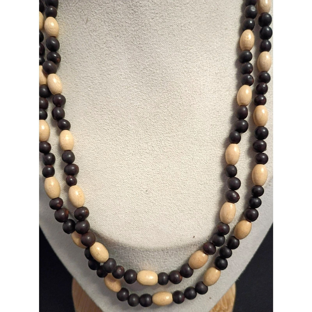 Vintage Wooden & Glass Seed Bead Strand Necklace 45 Inches