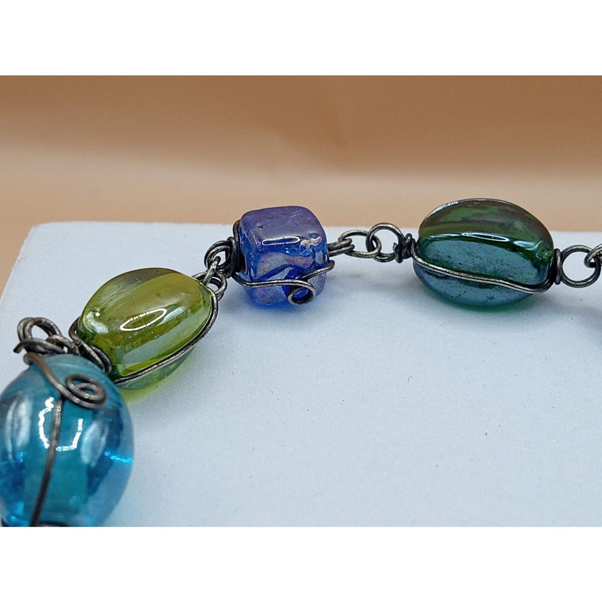 Vintage Round & Square Artisan Glass Beads Wire Wrapped Bracelet
