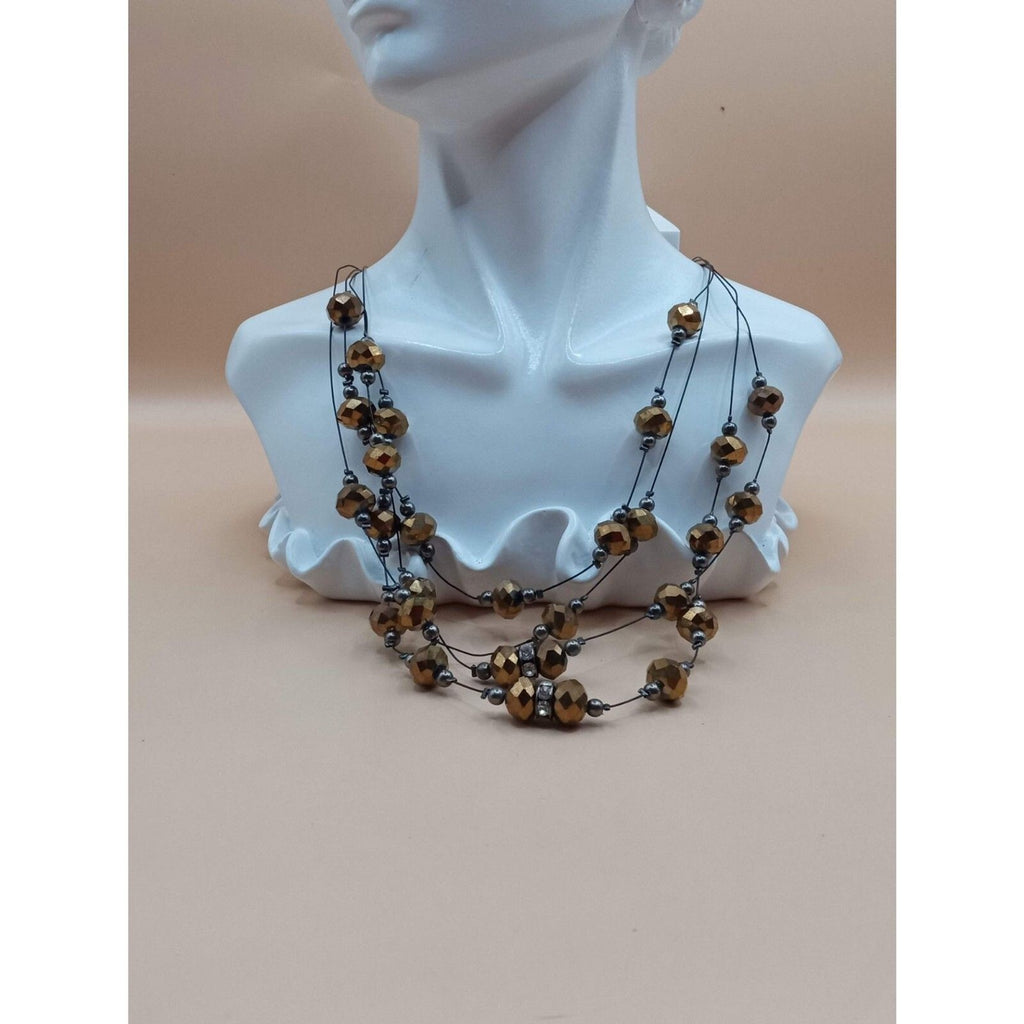 Vintage Hexagonal Cut Glass Beaded Quad Stranded Necklace in Bronze Tones